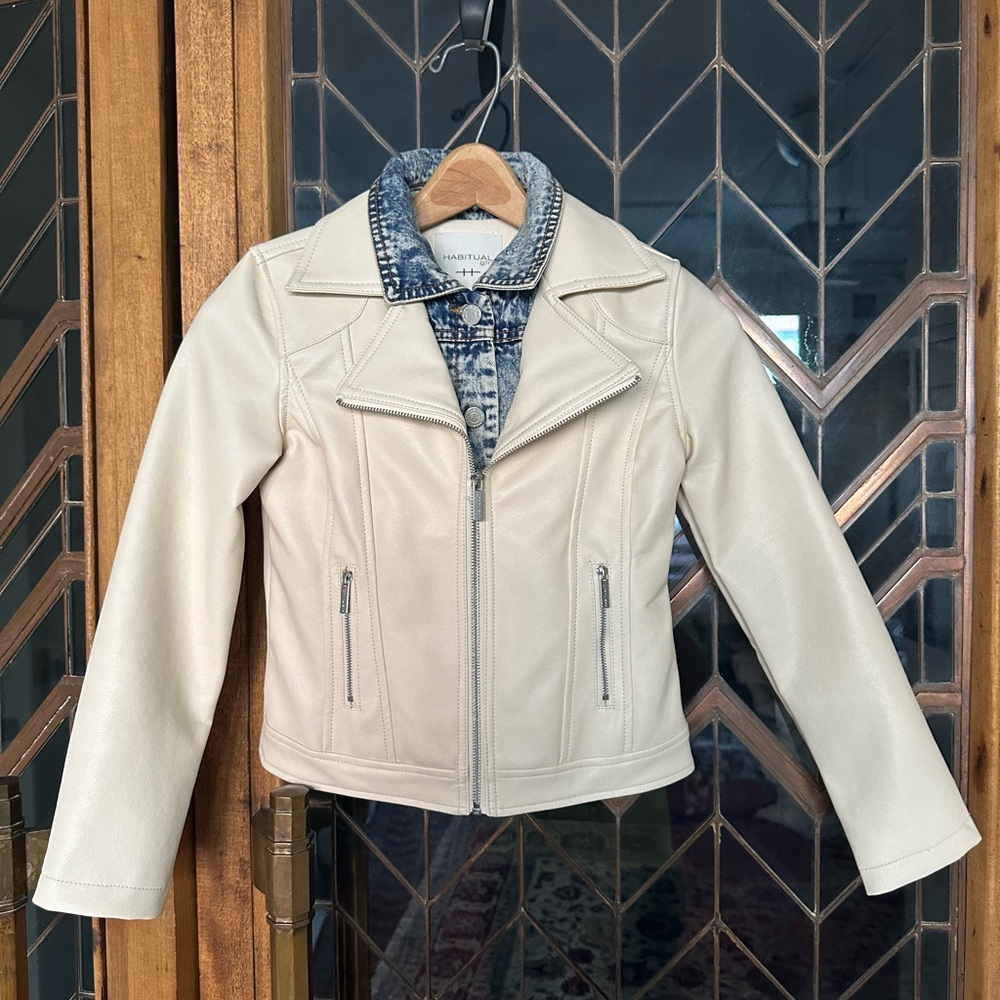 Habitual Cream Faux Leather Jacket with Denim Collar and Trim. Size 10